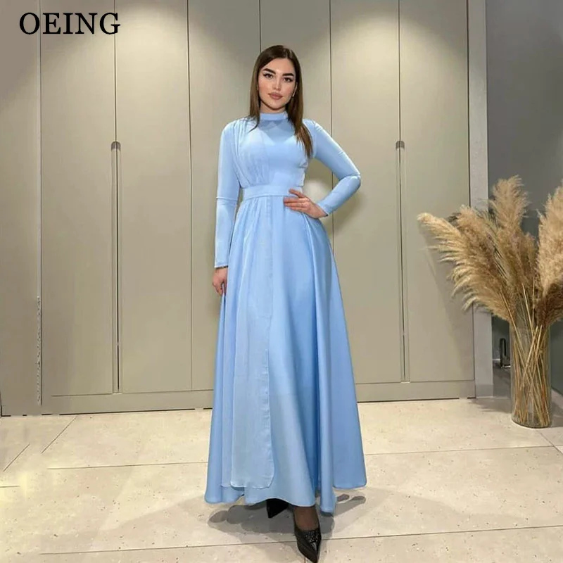 

OEING Simple Sky Blue Women A Line Evening Dresses Muslim Arabic High Neck Long Sleeves Pleated Silk Saudi Formal Prom Gowns