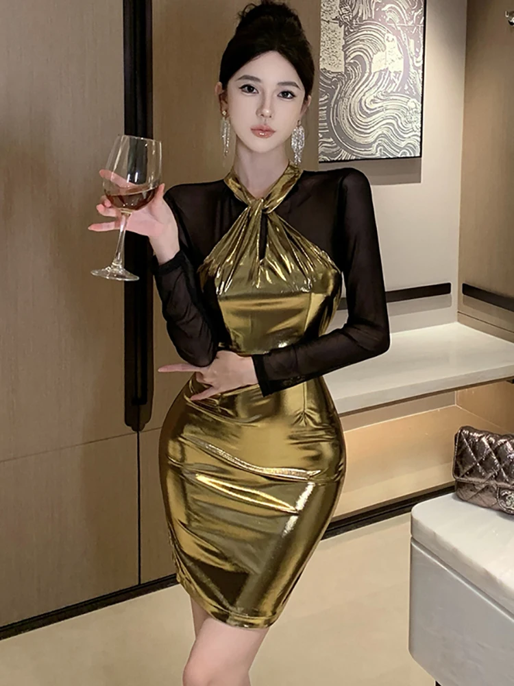 2025 moda Patchwork Sheer Mesh vestido de manga larga mujeres coreano Vintage ceñido al cuerpo Vestido corto primavera elegante vestido de fiesta de Festival