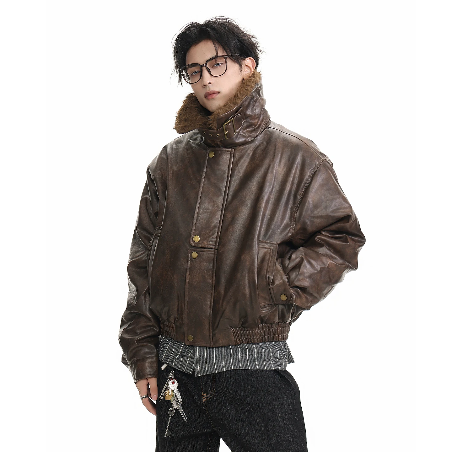 Parka Kulit PU Kerah Bulu Imitasi Trendi Musim Dingin 2025 untuk Pria, Atasan Gaya Motor High Street, Parka Kulit Tebal