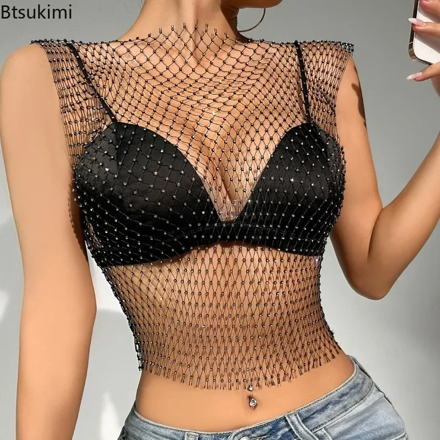 Sexy Diamond Fishing Net Crop Top 2024 Women's Summer Flash Diamond Hollow Out Sleeveless Tank Tops Ladies Vest Trend Streetwear