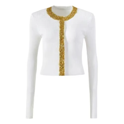 High Quality SML Three Color Elastic Knitted Fashionable Round Neck Studded Long Sleeved Luxurious Temperament Women's Cardigan