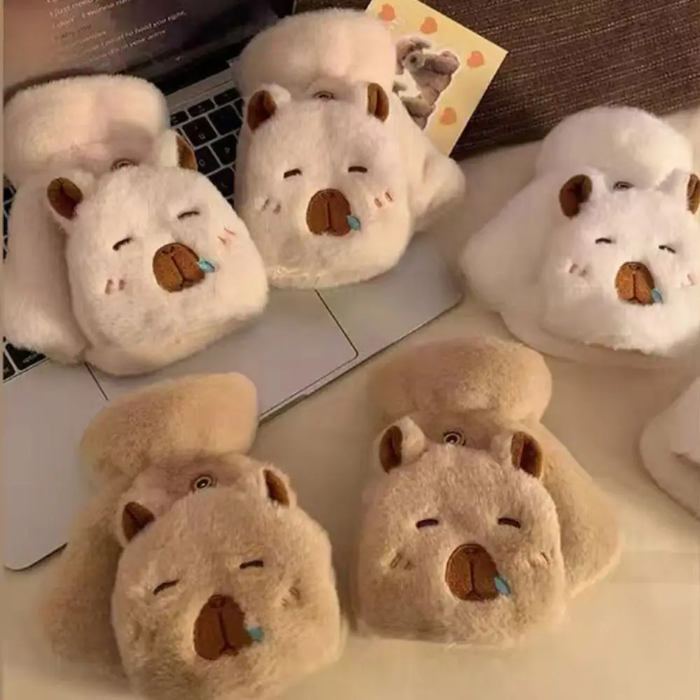 Moda meio dedo luvas de pelúcia tela toque flip capa inverno luvas de veludo engrossado dos desenhos animados capivara luvas estudante