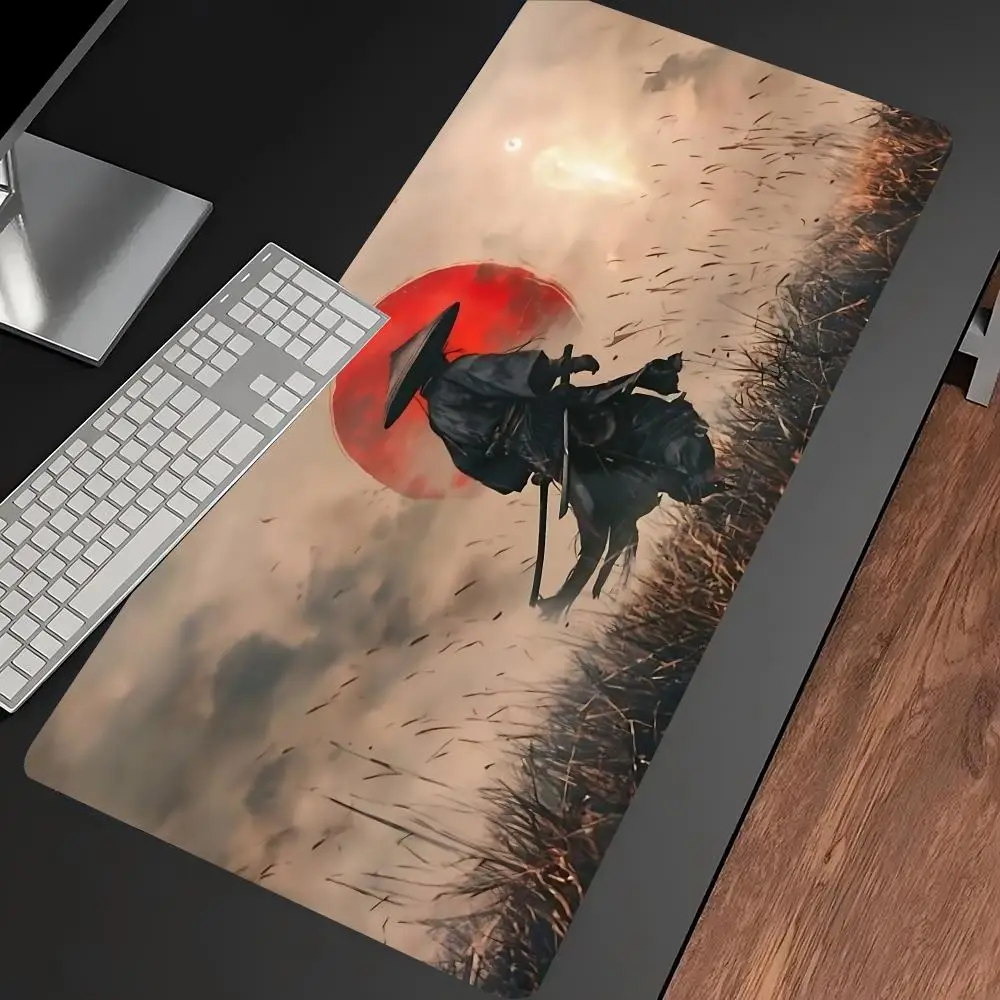 Red Moon Wolf Samurai Art Large Extended Mousepad Non-slip Base Locked Edges Keyboard Mat for Wolf Moon Gamer Room Decor