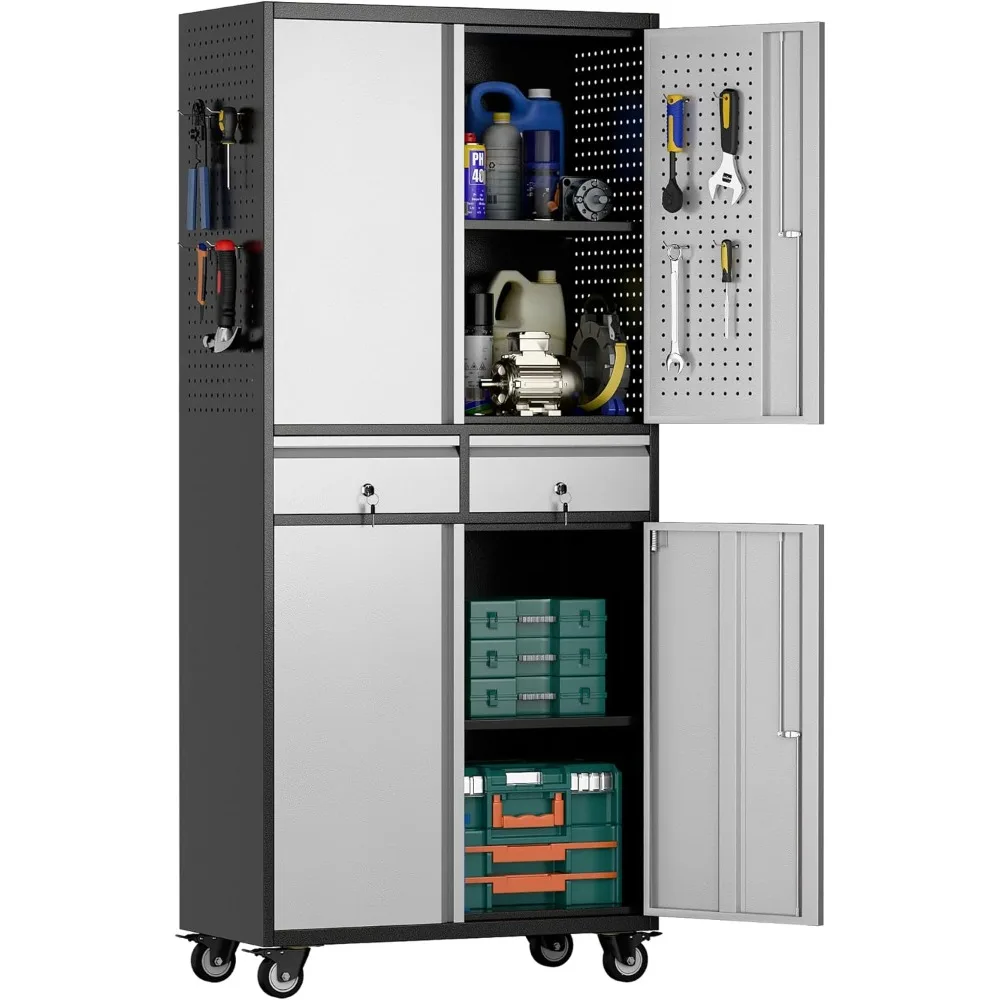 Metal Storage Cabinet with Locking Doors and Pegboard,Steel Rolling Tool Storage Cabinet with 2 Drawer and Adjustable