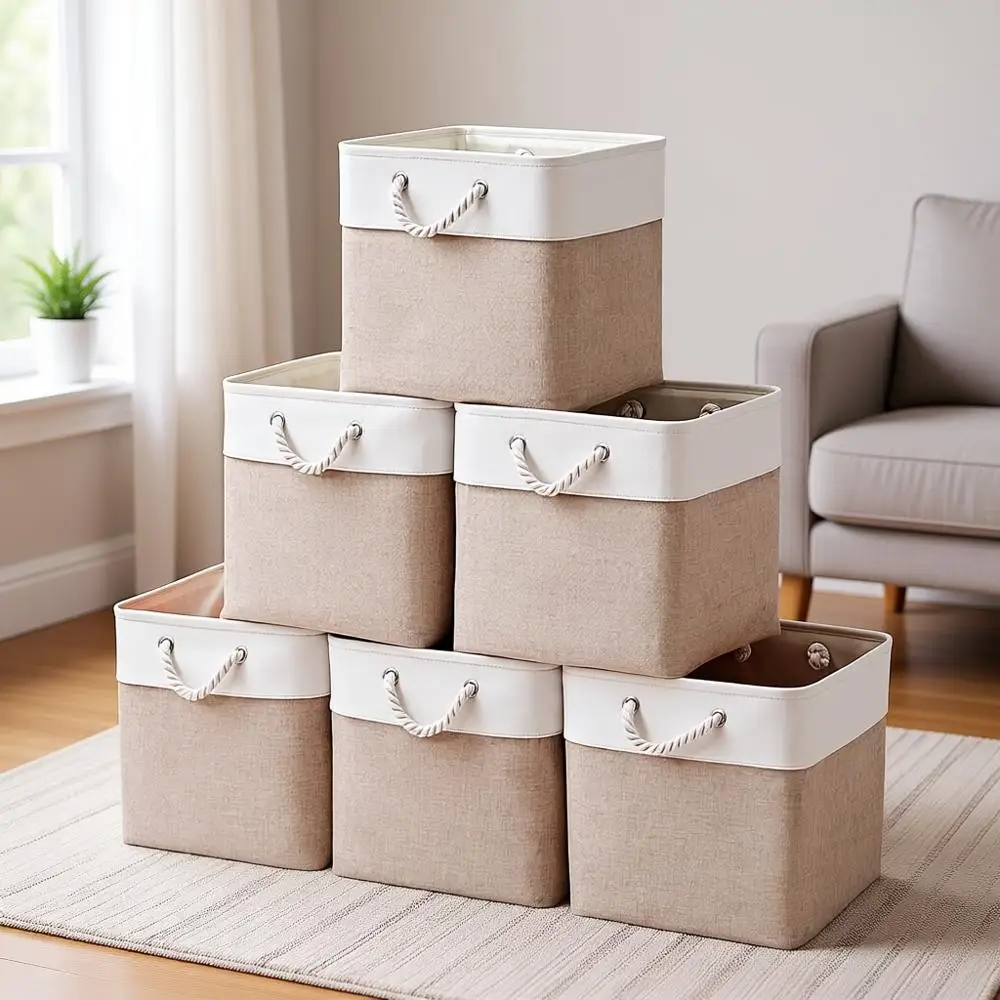 

Набор из 6 складных контейнеров для хранения с ручками для организации одежды, игрушек, книг - белый и бежевый