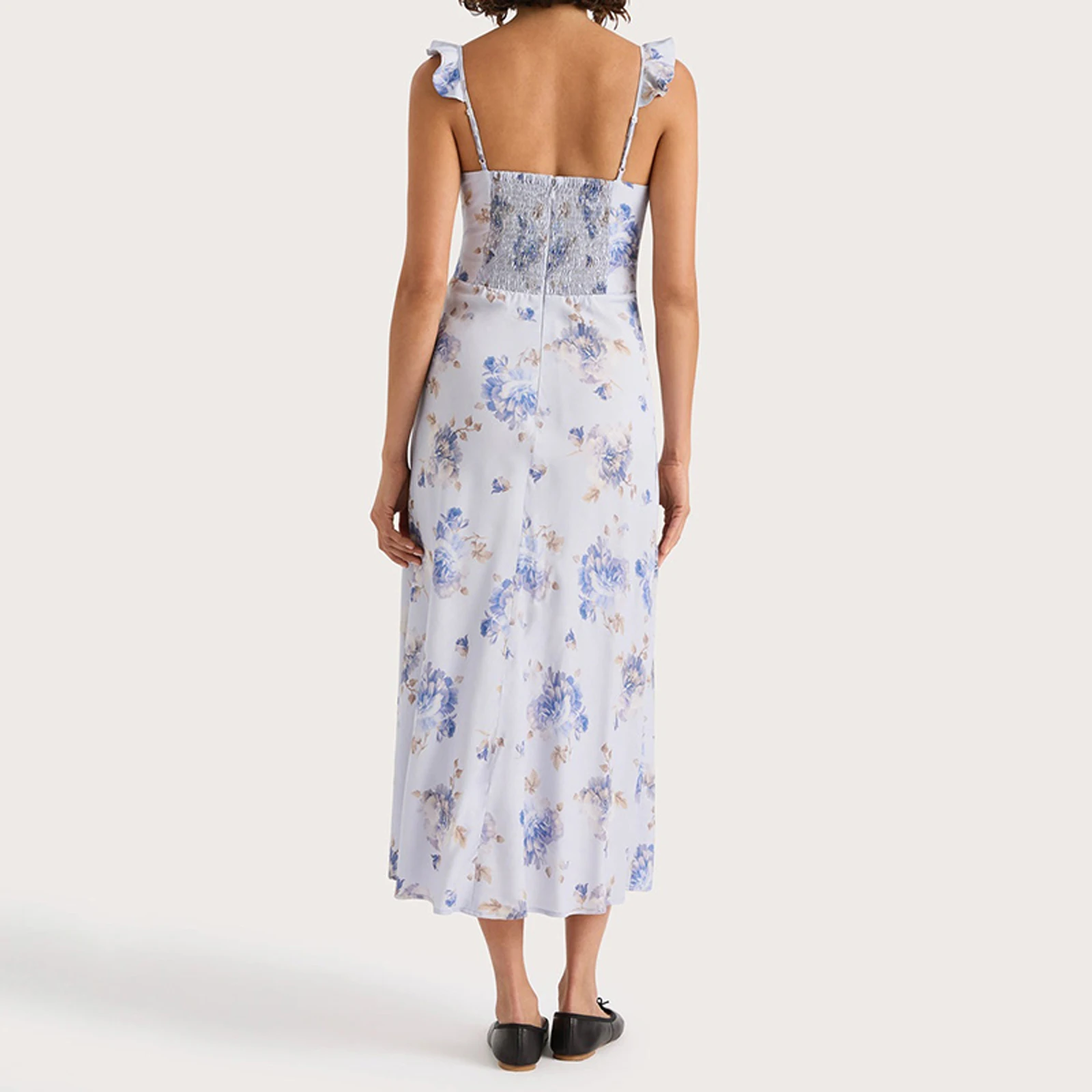 Combhasaki Abito estivo da donna senza maniche con volant e scollo a V, busto increspato legato, stampa floreale, senza schienale, smock, abito longuette a trapezio