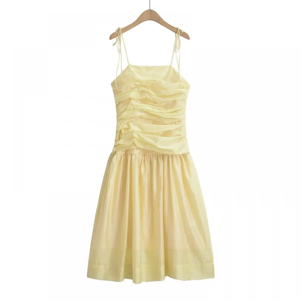 

Casual Yellow Pleated Slim Dress Hotsweet Solid Slash Neck Midi Camisole Dresses Elegant Slip Sleeveless Vestidos for Partywear