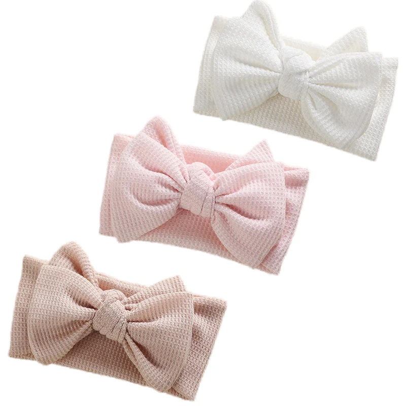 

3pcs Big Bow Knitted Cotton Baby Turban Headbands Solid Color Hairbands Newborn Girls Headwraps Infant Kids Hair Accesories