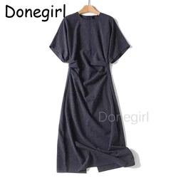 Donegirl Women 2024 Summer New Fashion Pleated Waist Short Sleeve Dress Chic Back Split Zipper Casual Long Dress Mujer