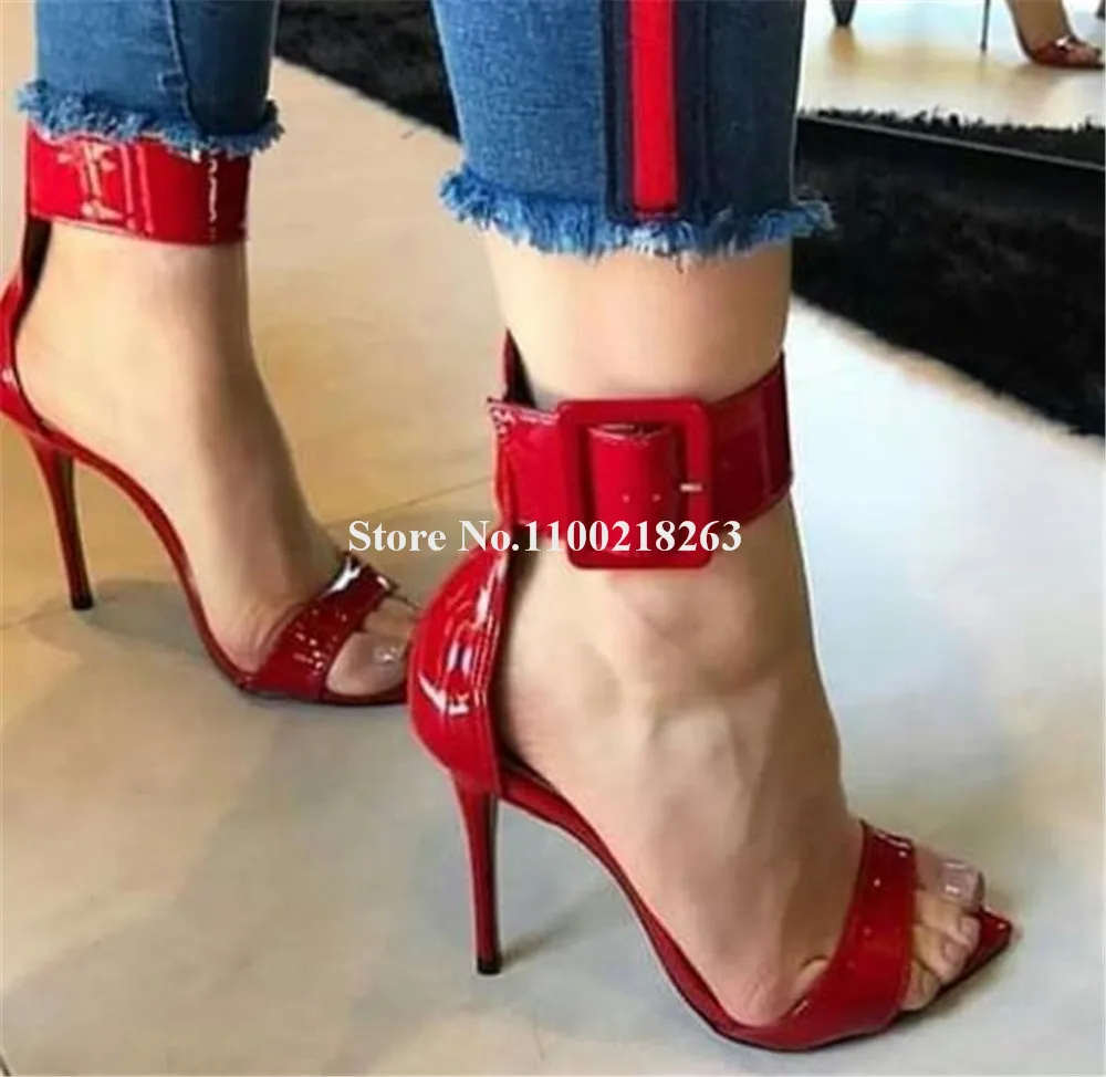 

Big Buckles Decorated Thin Heel Sandals Pointed Open Toe Red Black Patent Leather Stiletto Heel Ankle Strap High Heel Sandals