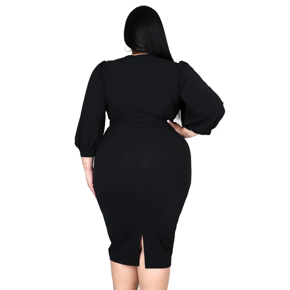 2022 donne Plus Size abiti eleganti colore puro scollo a v fasciatura vestito Midi mezza manica Casual Dropshipping all'ingrosso