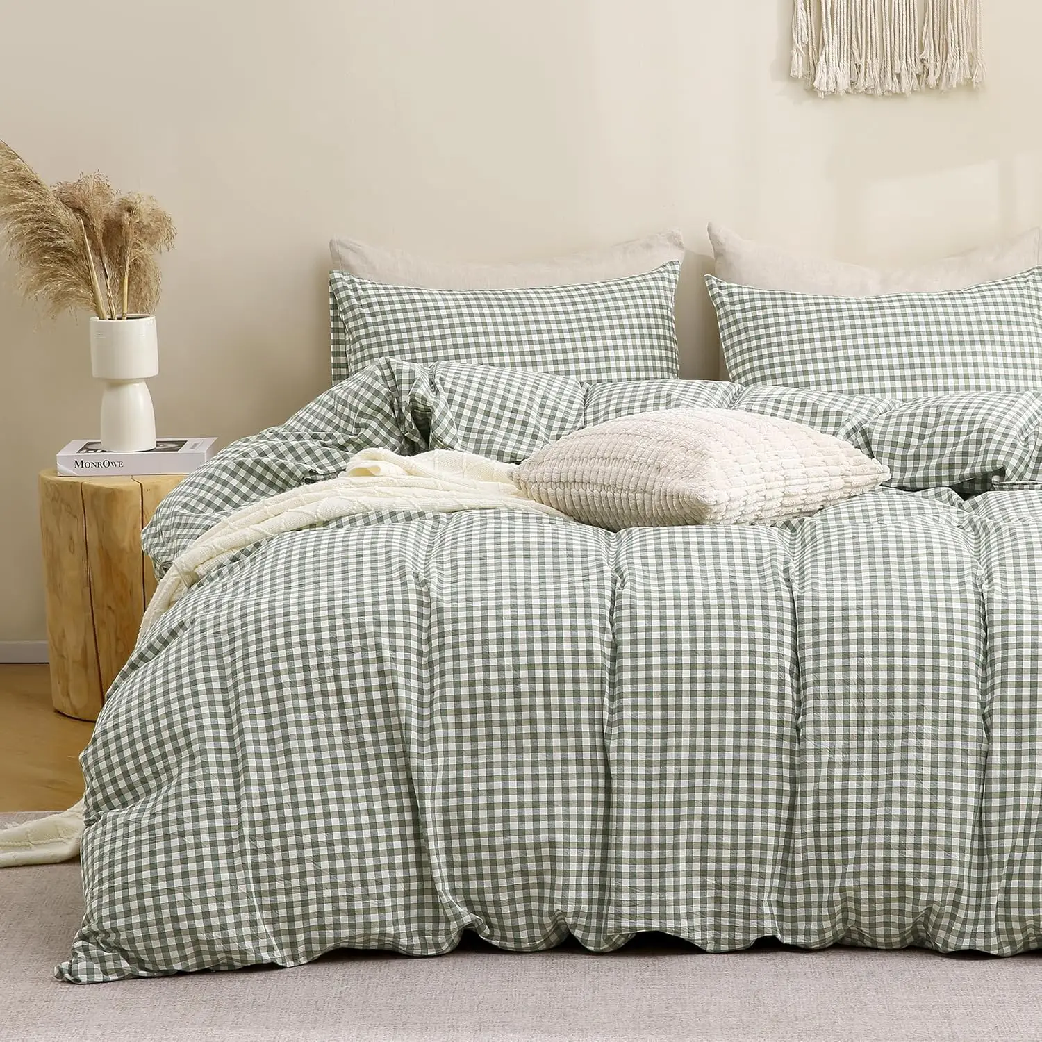 

Green Gingham Duvet Cover Set King Size 100% Washed Cotton Linen Feel 3 Piece Plaid Checkered Comforter Cover