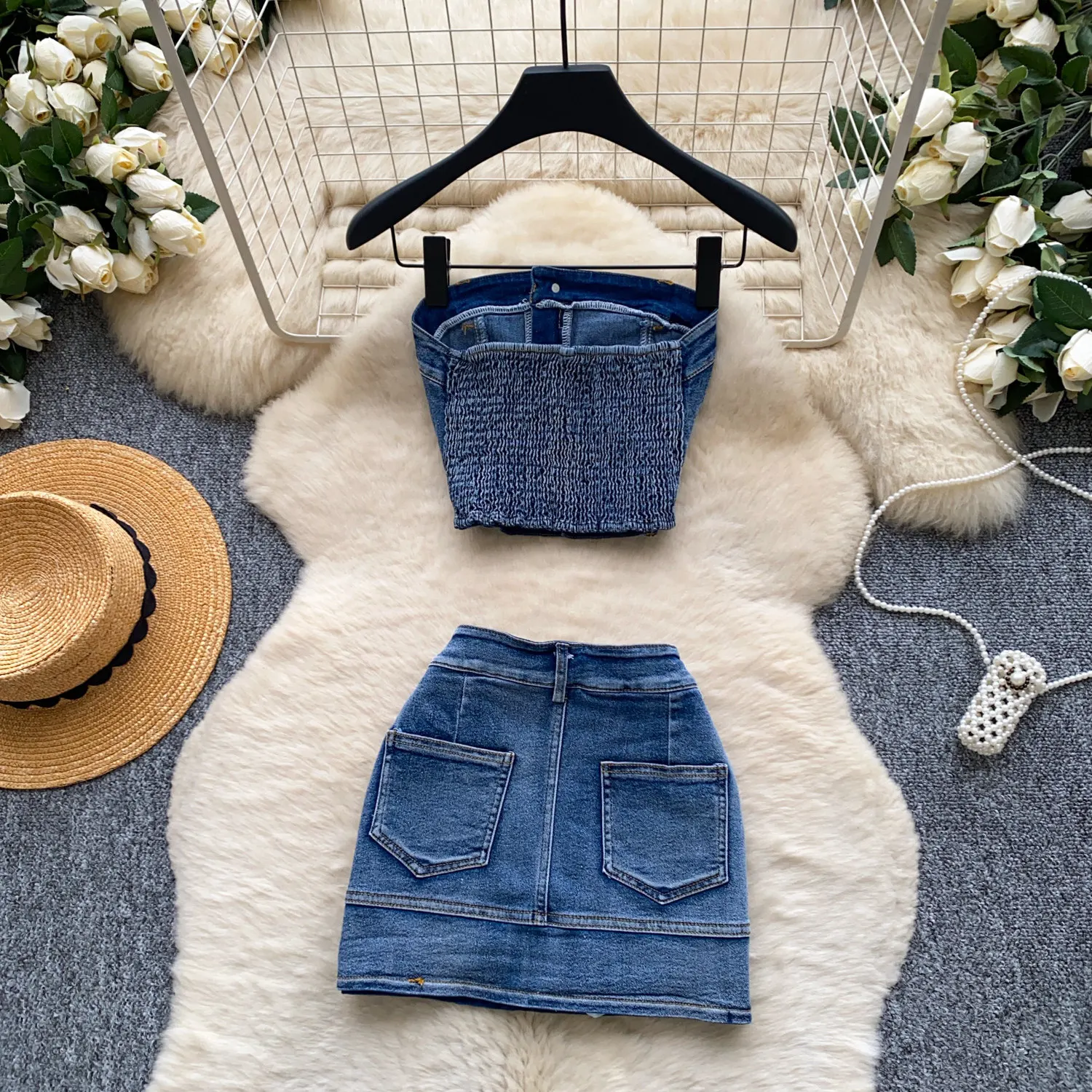 Chic Retro Slim Sexy Girl Denim 2 Piece Outfit Women Strapless Tube Top Bodycon Mini Skirt Sets Outfits Jeans Woman 2026