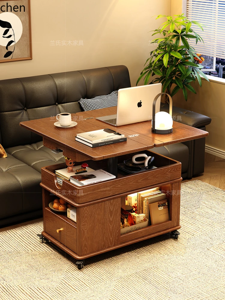 

solid wood coffee table folding multi-functional small apartment living room side cabinet movable cart side table