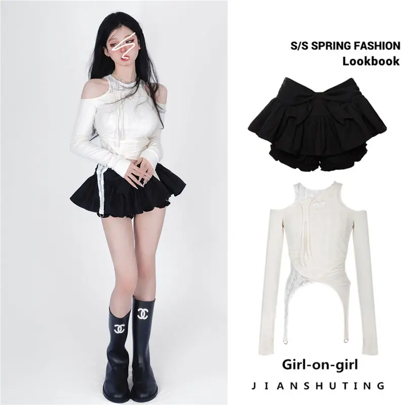 Crop Tops Sexy Slash Neck Off Shoulder Long Sleeve Tees Slim Waist Hollow Out Drawstring T Shirts Harajuku Summer Y2k Tshirts