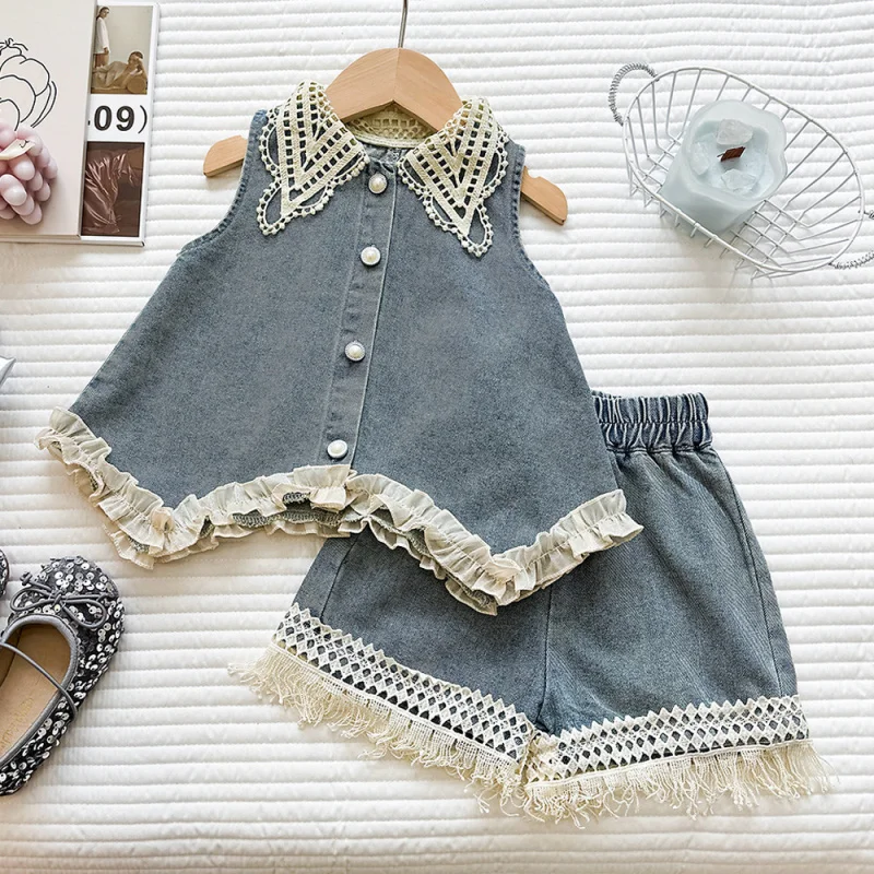 

Girls Denim Shorts Set Summer2026New Year's New Style Baby Girl Sleeveless Top and Shorts Two-Piece Set Trendy