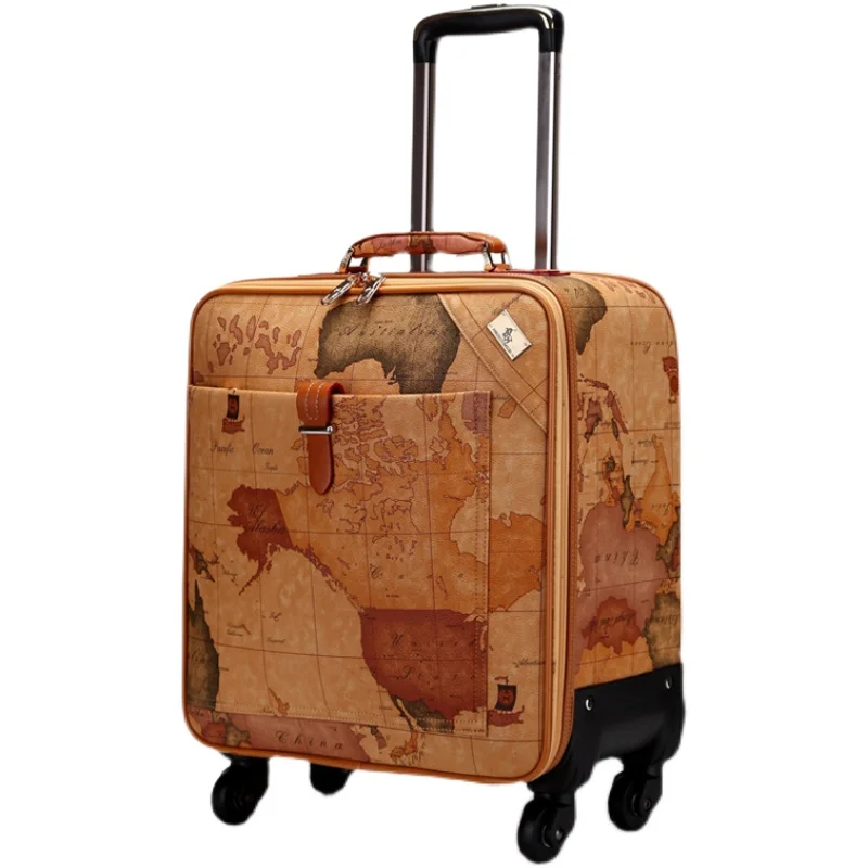 

Vintage map pattern trolley box 16/18/20/22/24 inch PU Rolling Luggage Spinner Travel Suitcase with padlock Men trolley luggage