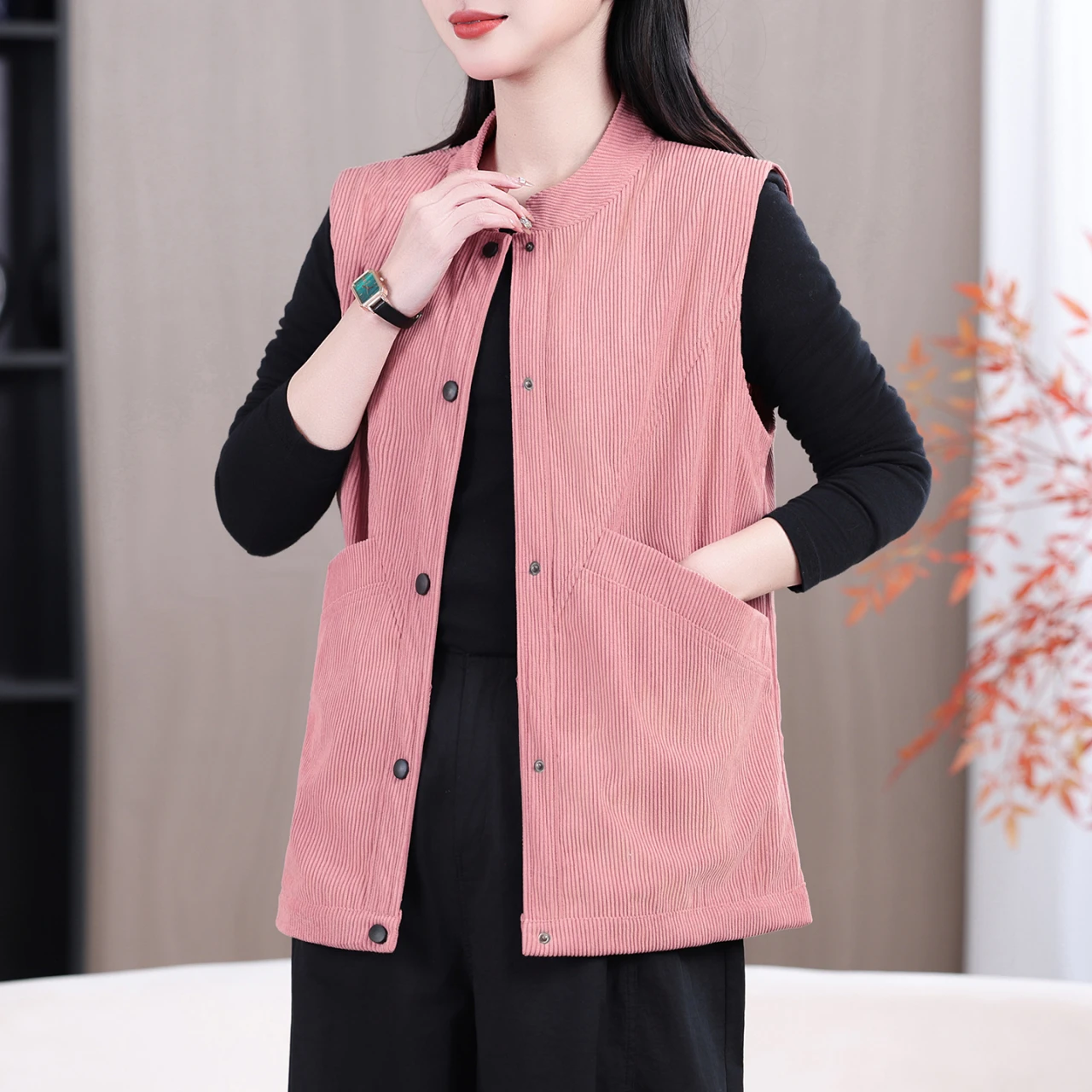 

Повседневный вельветовый жилет для женщин с воротником-стойкой на одной пуговице, свободный крой, стройнящий силуэт, топ для мам