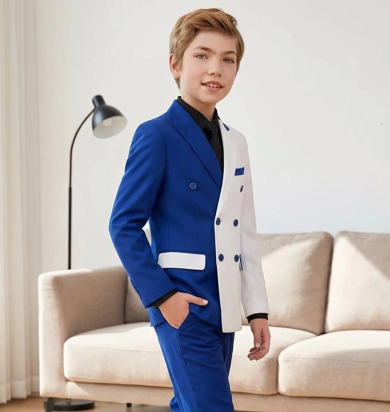 Boys Suit 2 Pieces White And Royal blue Set Fashion Party Wedding Tuxedo 2-16 Yeard Old Kids Blazer Double Breasted Clothes