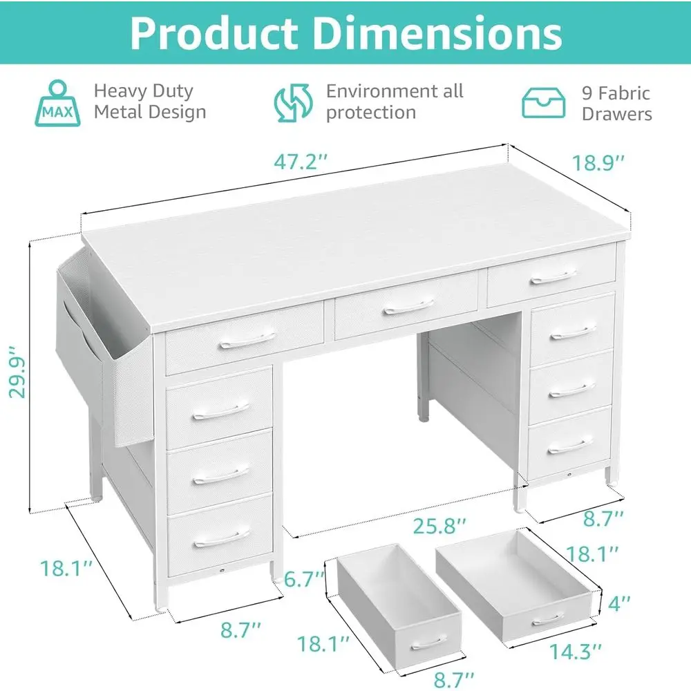 โต๊ะทำงานสีขาว 47 นิ้ว พร้อมลิ้นชัก 9 ช่อง จัดเก็บของได้เยอะ ลิ้นชักผ้า เหมาะสำหรับการเรียนและการเขียน