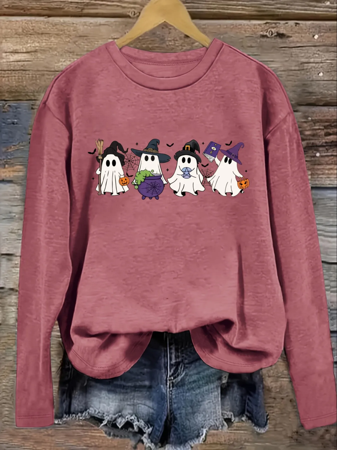 Women's Casual Long Sleeve Crew Neck T-Shirt Cute Halloween Ghosts Witch Print Design, Round Neck Women's Clothing, Machine Washable, Slightly Elastic, Loose Fit, Spring Autumn Winter Women's T-Shirt, Halloween Costume Outfit view 3