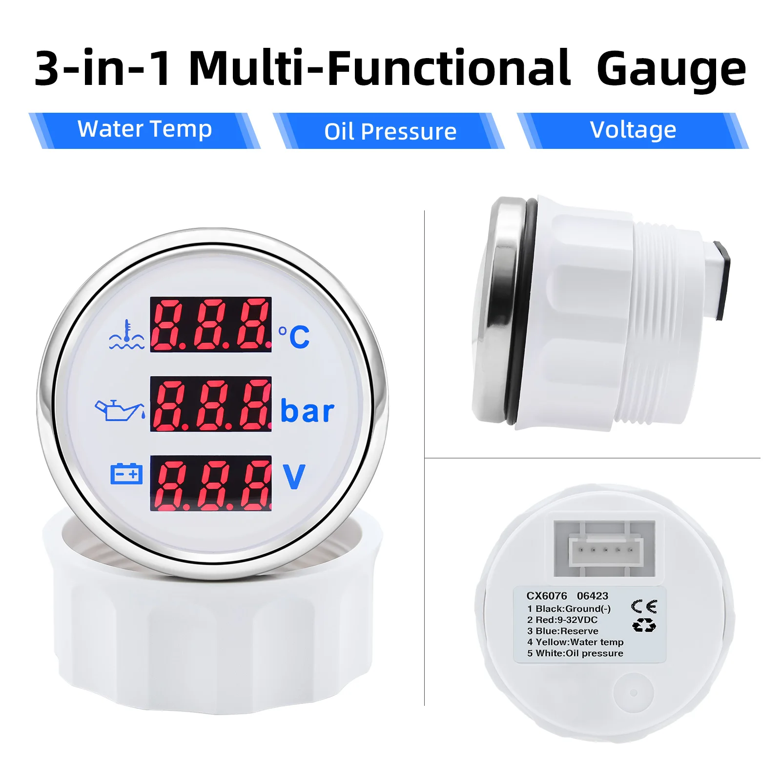3-in-1 Digitalanzeige 52mm + Temperatursensor + Drucksensor 0~120 ℃ Wassertemperaturmesser + Öldruckmesser + Spannungsmesser mit Alarm – Detail 19