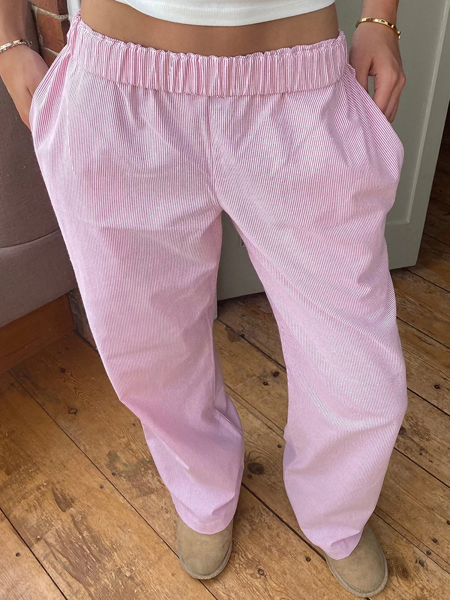Hot Women\'S Casual Sports Striped Pants Elastic Waist Solid Color Loose Pants with Pockets For Street Clothing