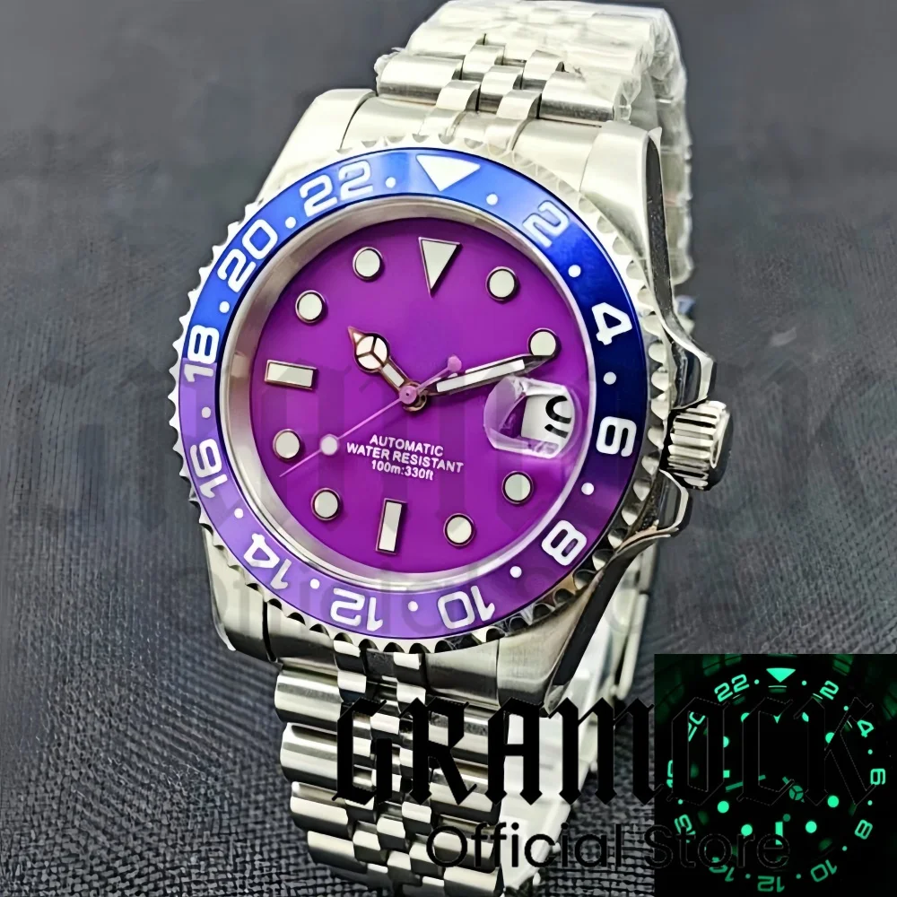 Gramock 40mm Stainless Steel Case With Sapphire Glass Pink Purple Green Luminous Date Window Dial NH35 waterproof watch for men