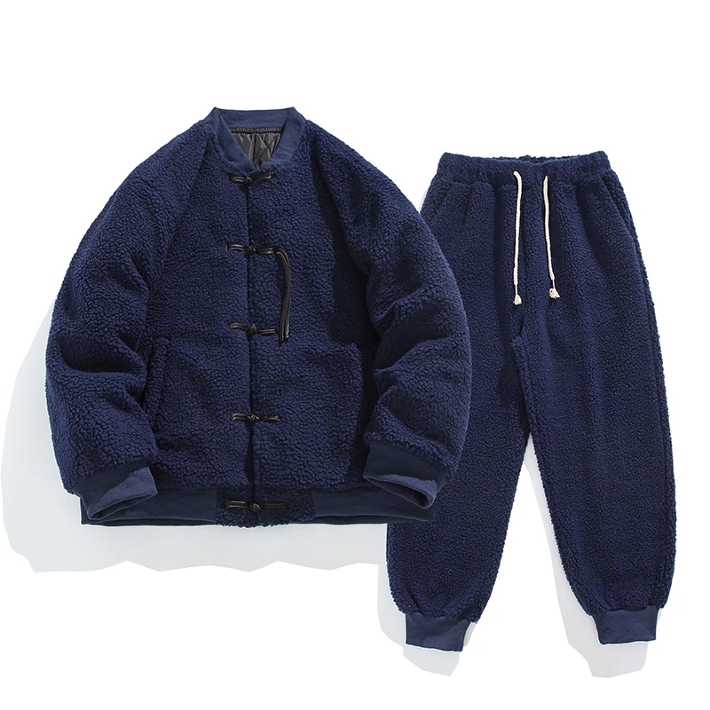 Men's Thickened Lamb Wool Two-Piece Set Chinese Style Winter Jacket Male Gown Outerwear Cotton Clothes New Arrival