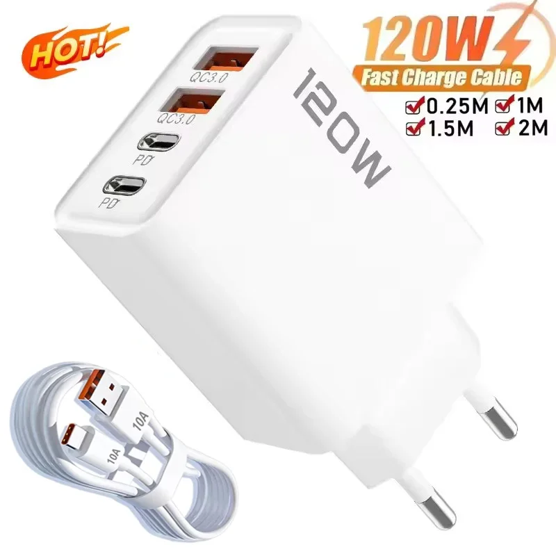 120W 4-Port USB-C Ladegerät mit schnellem Lade- und Datenkabel – USB-Telefonladegerät-Adapter für Xiaomi, iPhone 17, 16, 15, Huawei – Wandladegerät