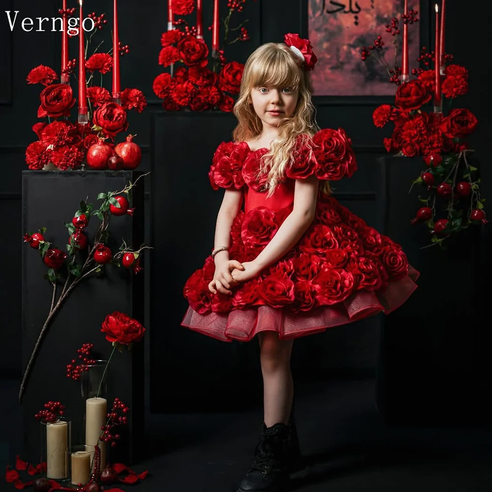 Verngo Red Tulle Girl Flowers Dresses 3D Flowers Princess Ball Gown Kid Elegant Birthday Party Dresses Customized