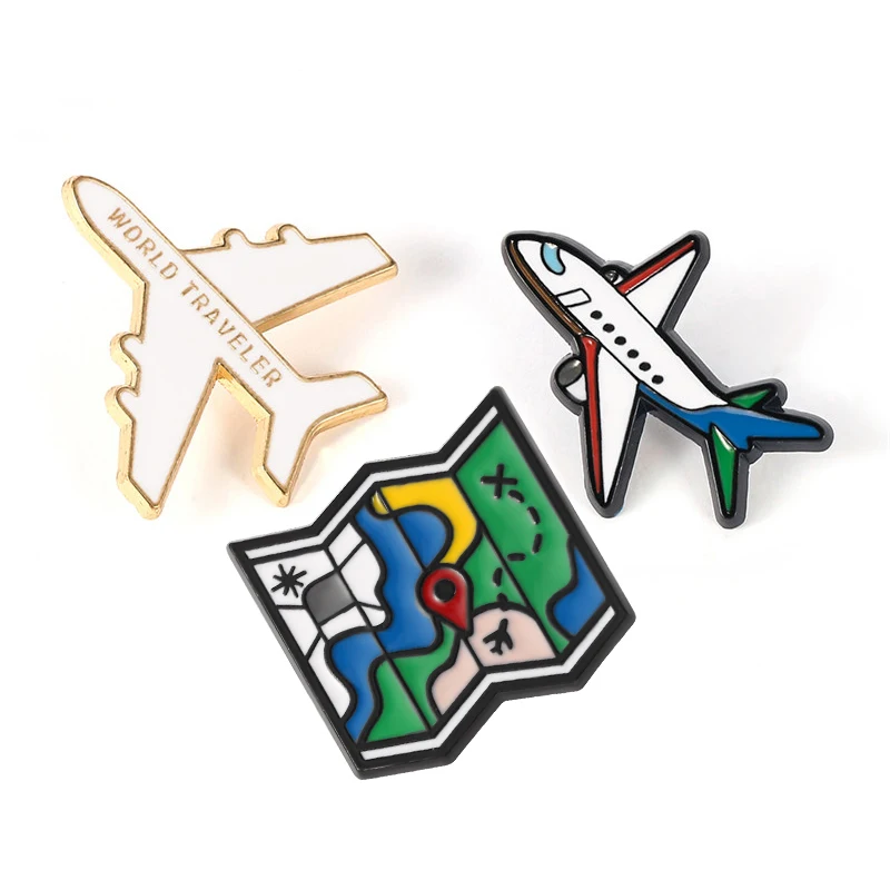 Enamel Pin Badge On Backpack World Traveler Airplane Brooch Gold-color Metal Brooches Pin Aircraft Jewelry Cartoon Google Maps