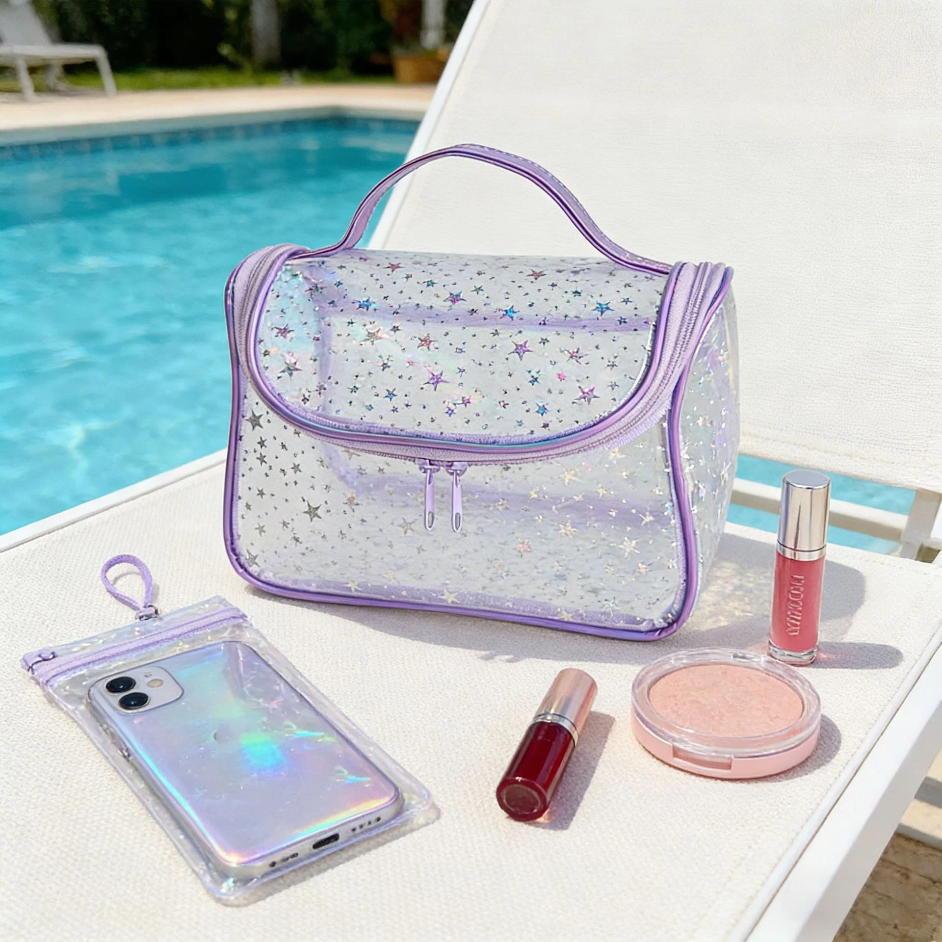 Transparente Kosmetiktasche mit Sternenmuster, aus wasserdichtem PVC, verstärkter Griff, große Kapazität, PVC-Toilettentasche für Reisen. – Detail 1
