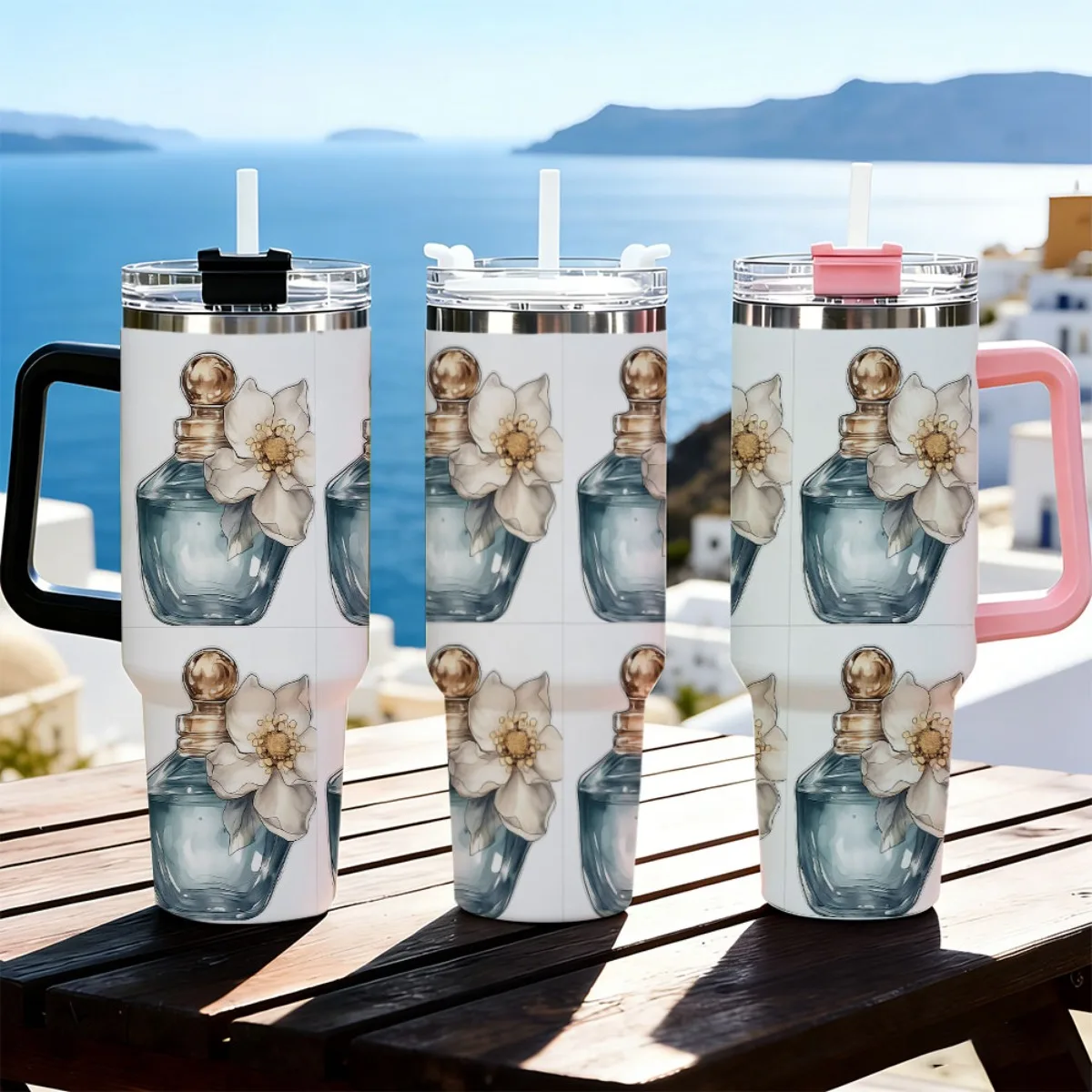40oz Vintage Perfume Bottle White Floral Repeat Print Stainless Steel Tumbler With Handle Straw Lid 24 Hours Cold Insulated Travel Water Cup