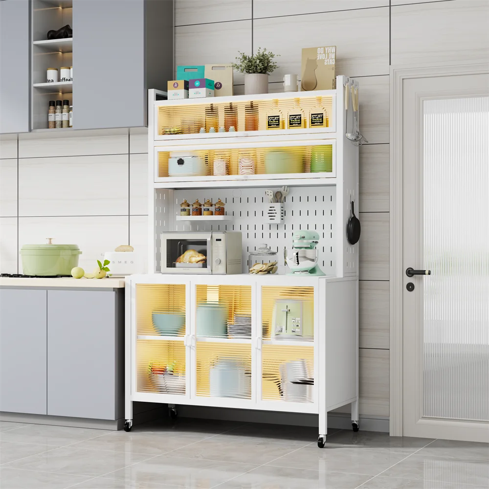 Multi-functional Metal Steel Kitchen Storage Cabinet With Glass Doors And Pegboard Shelves
