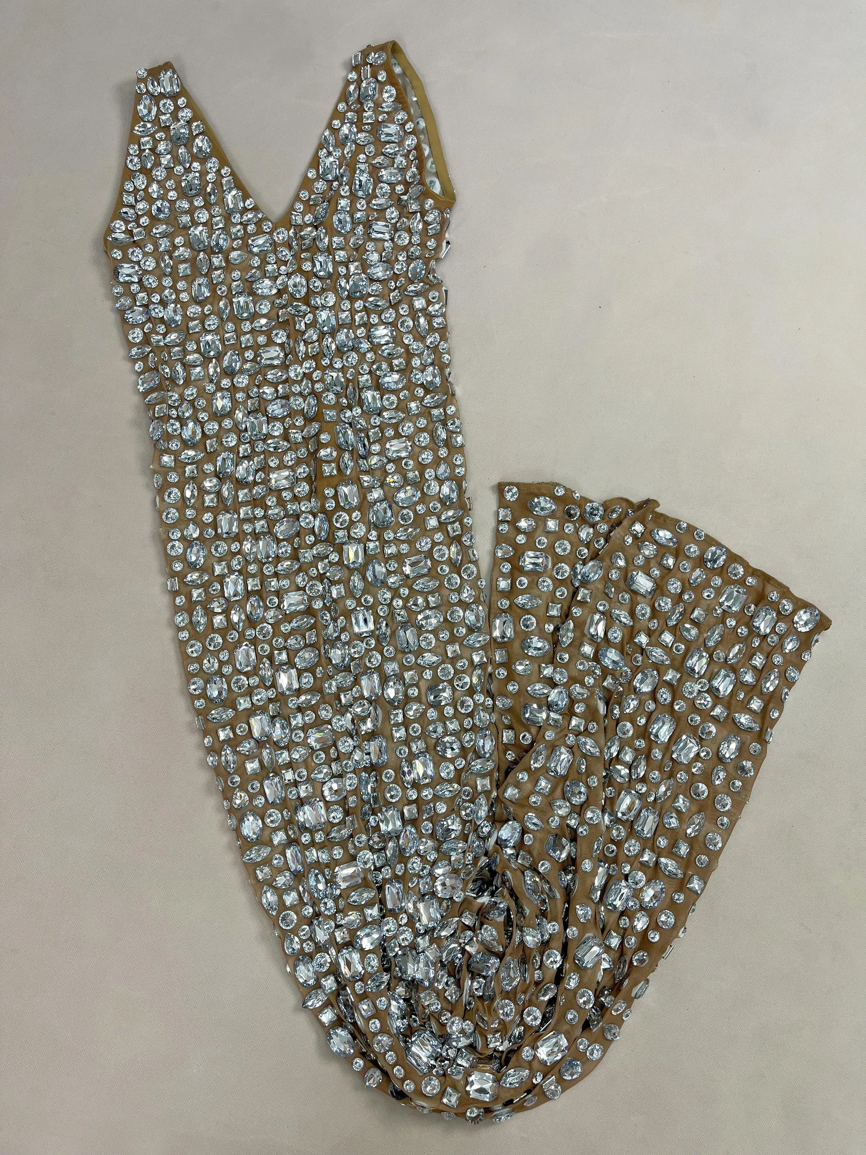 Simple style Shining Rhinestones Sexy Nude Mesh Dress Evening Birthday Celebrate Gown Red carpet Stage Elegant Outfit Baidou