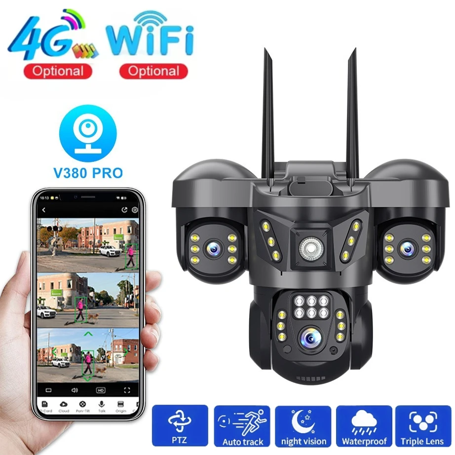 3 Lens 6MP Outdoor Surveillance Camera 4g / Wifi 360 PTZ Monitor Human Detection 24/7 Recording CCTV Wireless IP Camera V380 Pro
