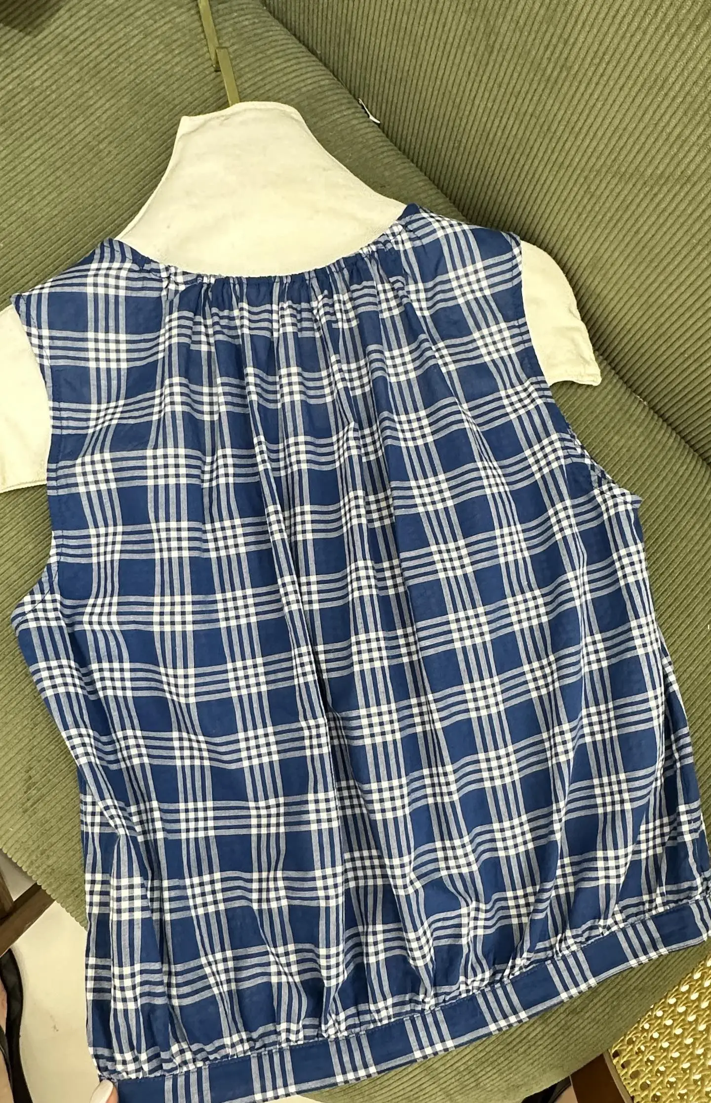 2026 Women Blue Plaid Casual Vest Lace-up U-Neck Sleeveless Single Breasted Loose Tank Top ﻿
