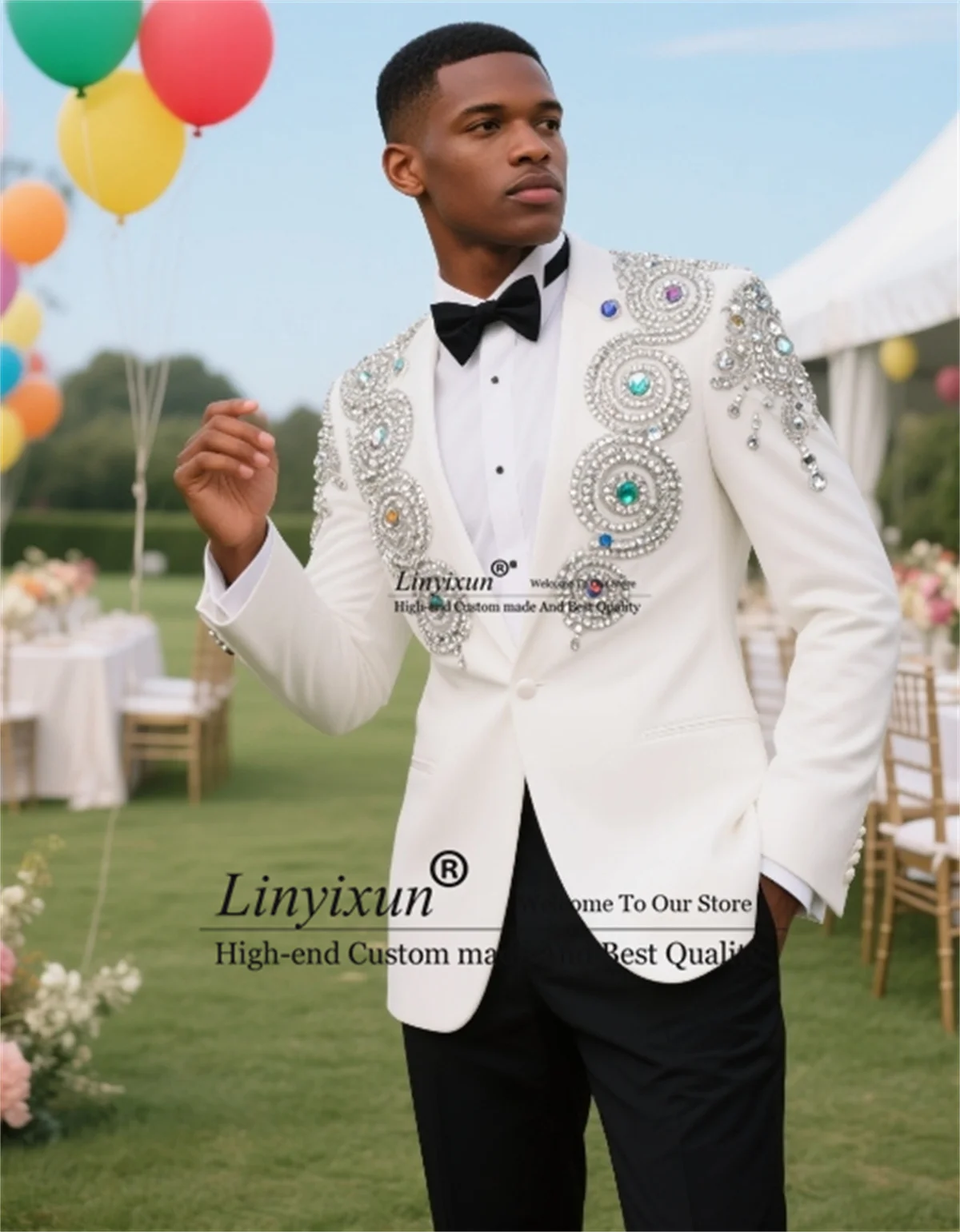 

Luxure Jewelry Crystals Men Suit Customized Shawl Lapel Groom Male Prom Blazers 2 Pieces Set High End Wedding Party ropa hombre