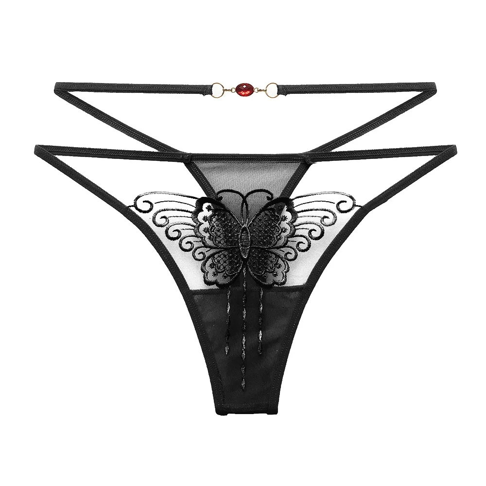 

Sexy Cut-Out Perspective Panties for Women Lace Underwear Cross Belt Pearl Decoration Embroidered Briefs Lingerie Fashion