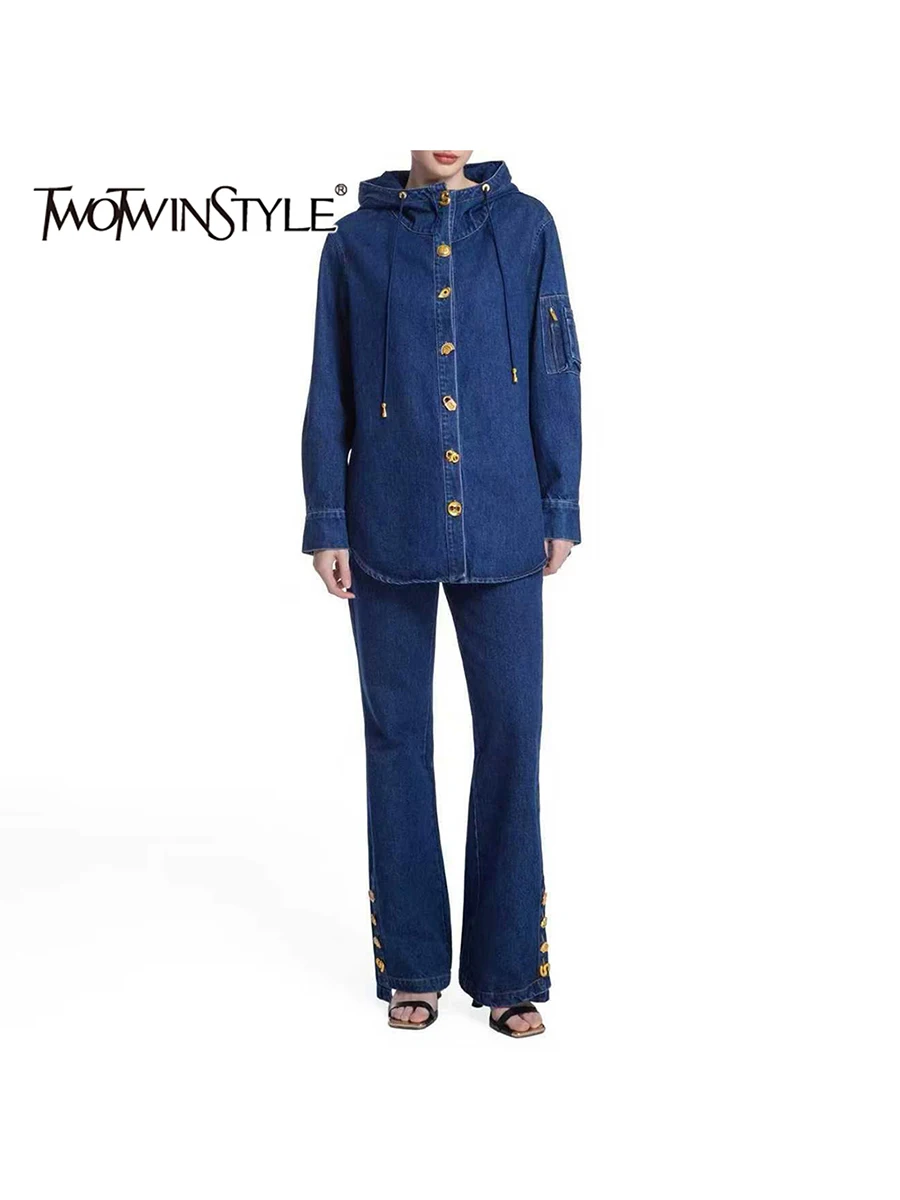 

TWOTWINSTYLE комплекты из двух предметов с металлическими пуговицами для женщин, воротник с капюшоном и длинными рукавами, топ, широкие брюки, ковбойский комплект, женский новый