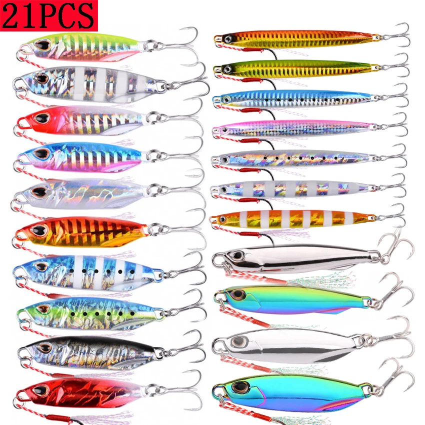 21Pcs Super Quatity Metal Casting Jig Fishing Set 40g 30g 20g Shore Drag Cast Jigging Spoon Fishing Lures Artificial Bait Tackle