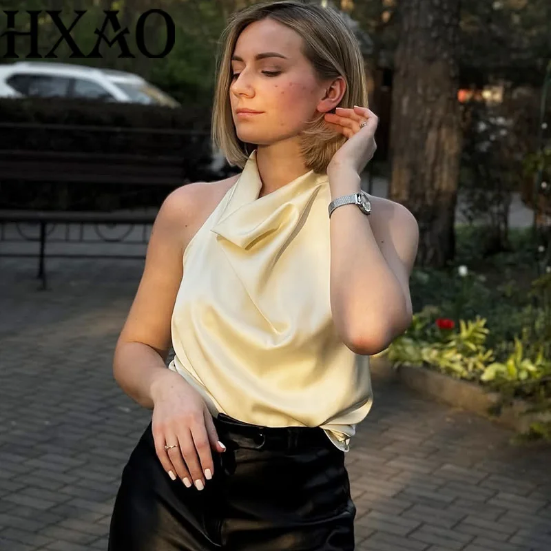 HXAO ホルターネック イエロートップ レディース サマー サテン タンク＆キャミソール ノースリーブ バックレス クロップトップ 女性用 コルセット ホワイト ブラック ブラウン ベストトップ