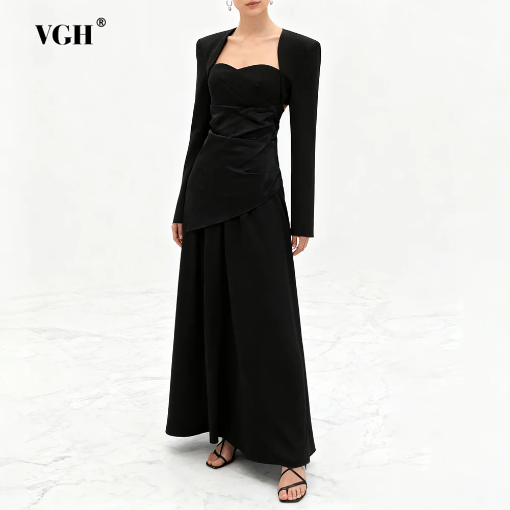 

VGH French Style Vintage Slim Three Piece Sets For Women Square Collar Sleeve Top High Waist Skirt Chic Dinner Set Female New