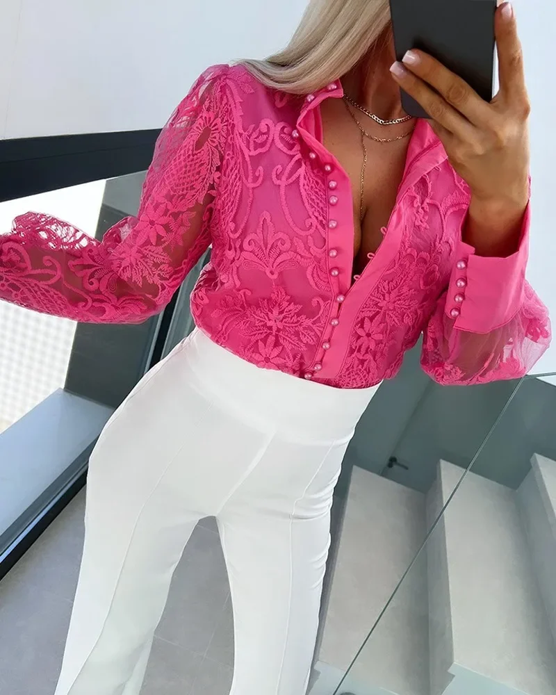 2024 Summer Fashion Woman Blouse Pearls Decor Buttoned Lace Stand Collar Casual Long Sleeve Office Shirt Top