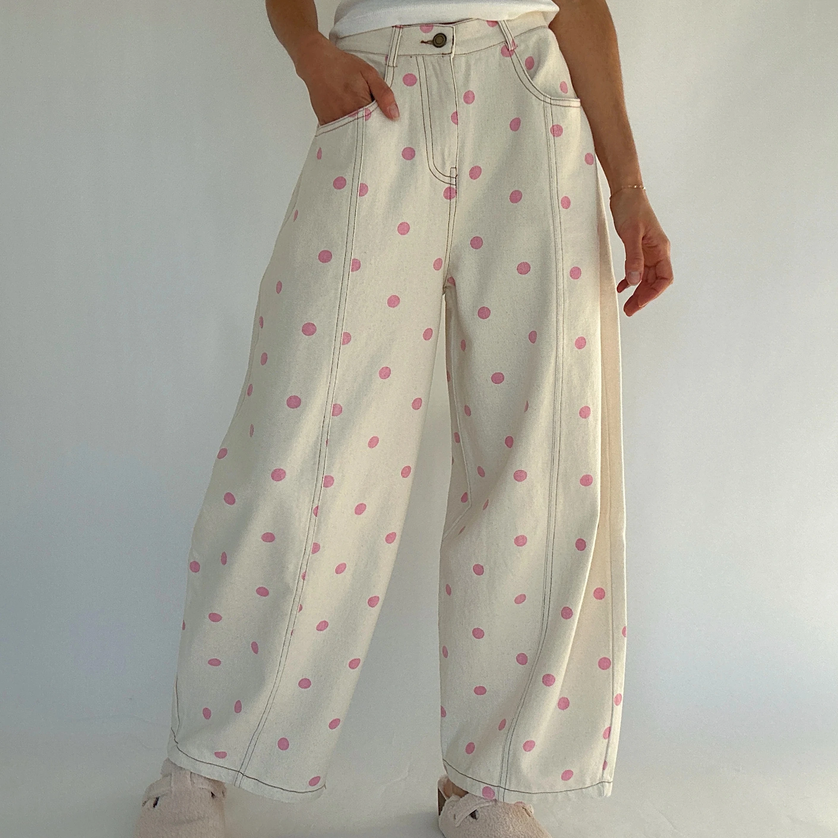 Damskie spodnie jeansowe typu barrel z nadrukiem w kropki, luźne spodnie dżinsowe, wiosenne, codzienne, szerokie spodnie baggy, modne spodnie z szerokimi nogawkami. — zdjęcie 4
