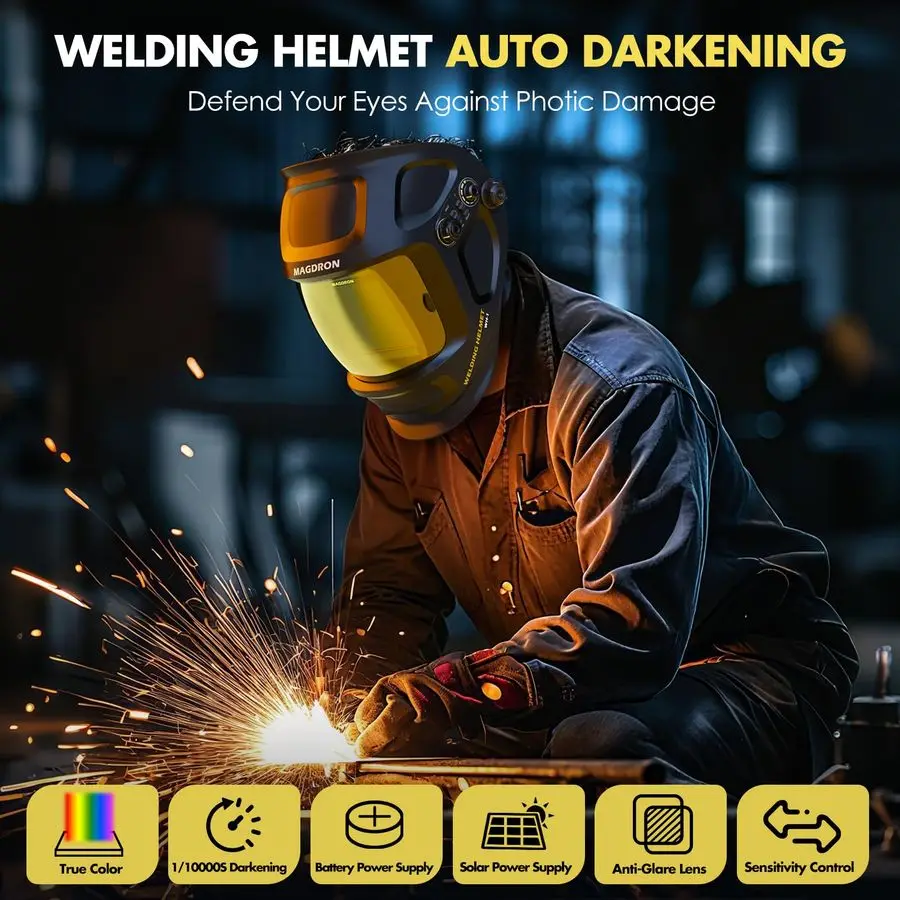 Darkening Welding Helmet Large View 3.94 x 3.66, True Color Welding Hood Optical Clarity, 4 Arc Sensor Solar Battery Powered, Wi