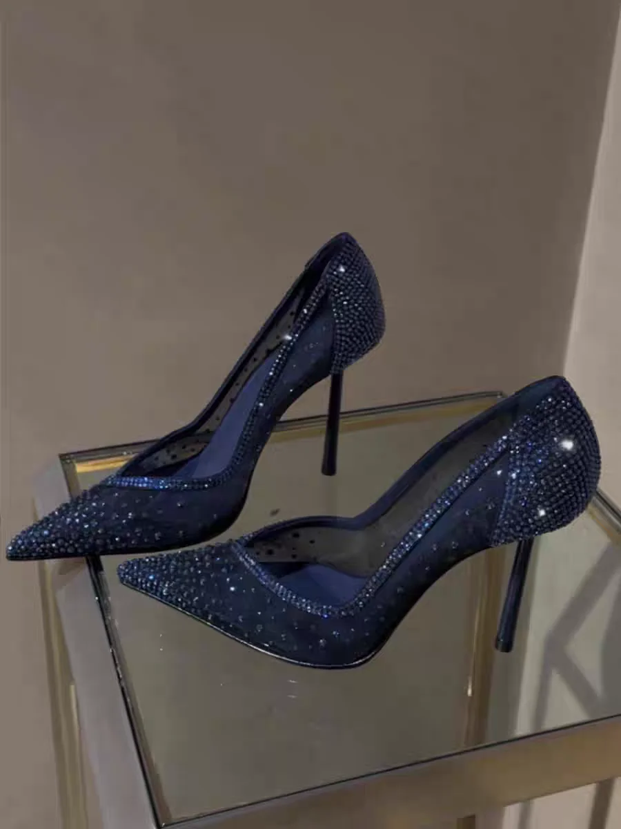 

Высокие каблуки с острым носком и синими кристаллами, на шнуровке Me Diamond Embedded oes, на тонком каблуке, с вырезом Faion Single oes