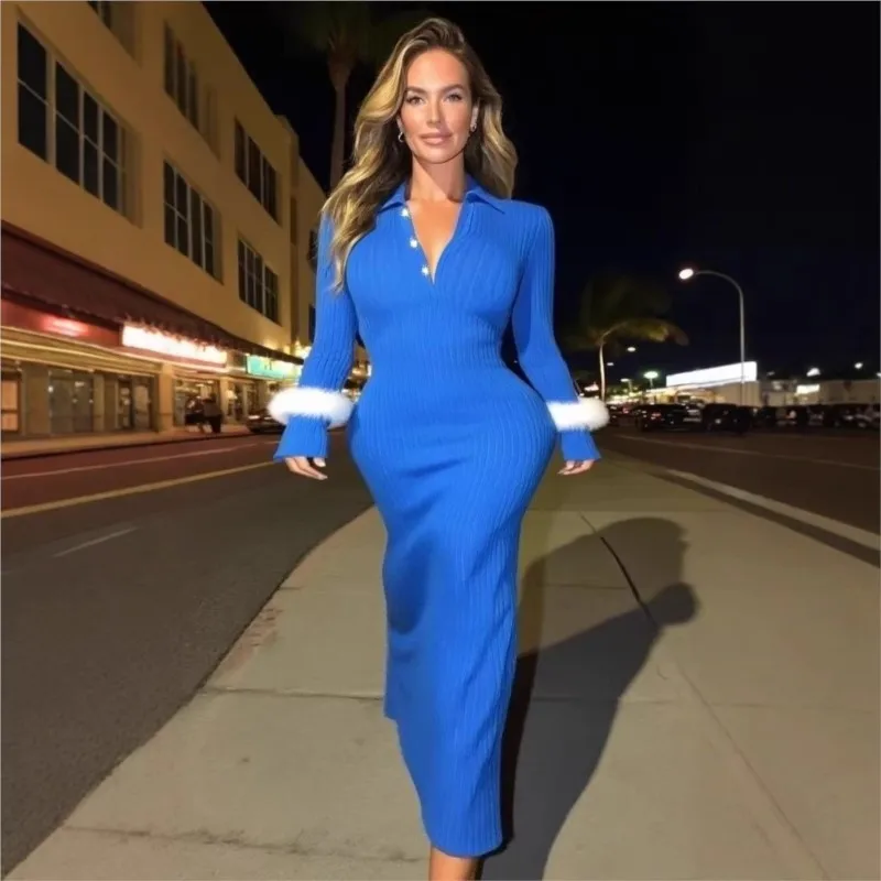 

Women's New Style Feather Collar Ribbed Knit Maxi Dress 2025 Autumn winter Solid Color Long Sleeve Elegant Formal Evening Gown