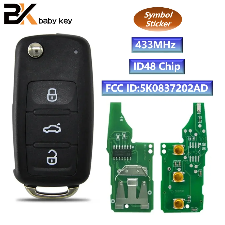 

BB Key for VW Caddy Tiguan Touran UP Beetle 433MHz ID48 Chip FCC ID:5K0837202AD Flip Remote Car Key Original Shell VolksWagen